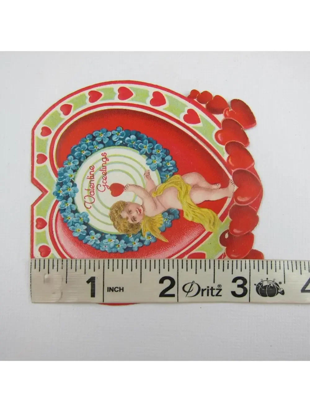 Vintage Valentine Card Diecut Blonde Cupid Target Red Heart Bullseye Blue Flower